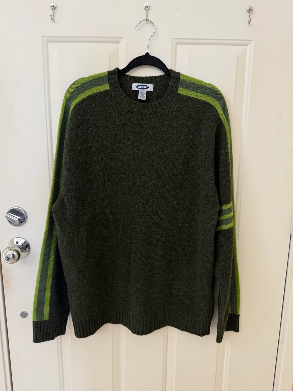 Old Navy Men's Olive Green Stripe Crewneck Sweater 100% Lambswool Size XL